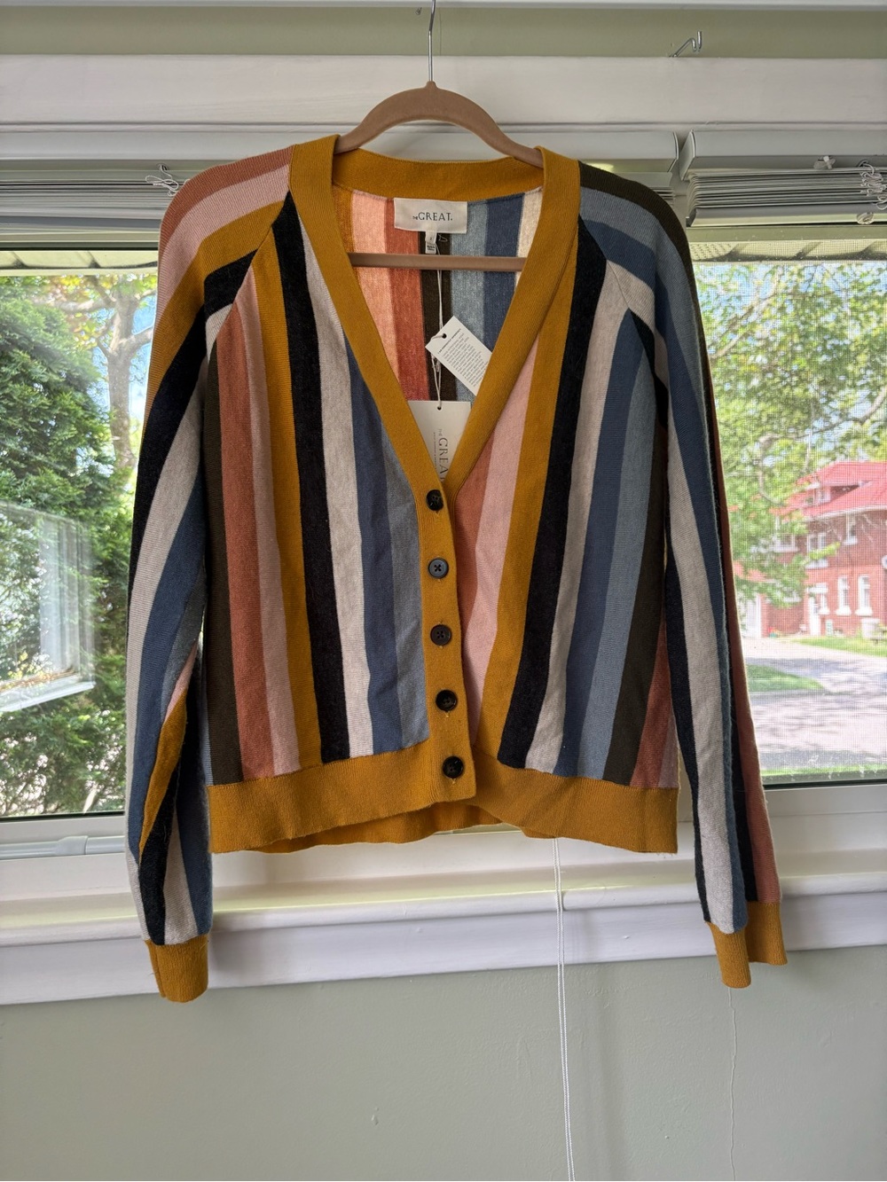 THE GREAT. Multicolor Striped V-Neck Cardigan with Mustard Trim